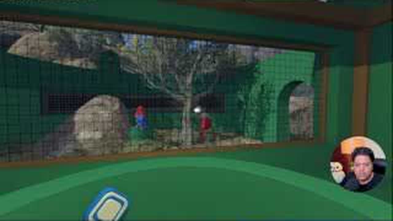 Player inside the BIG WALK glass room reading a glowing triangle